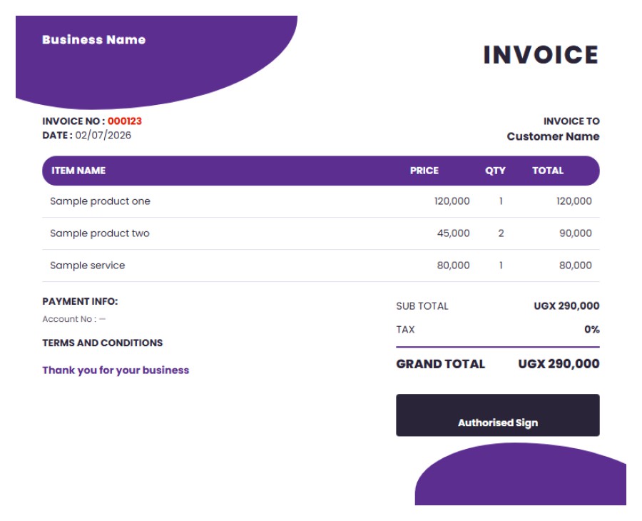 Violet Wave Invoice